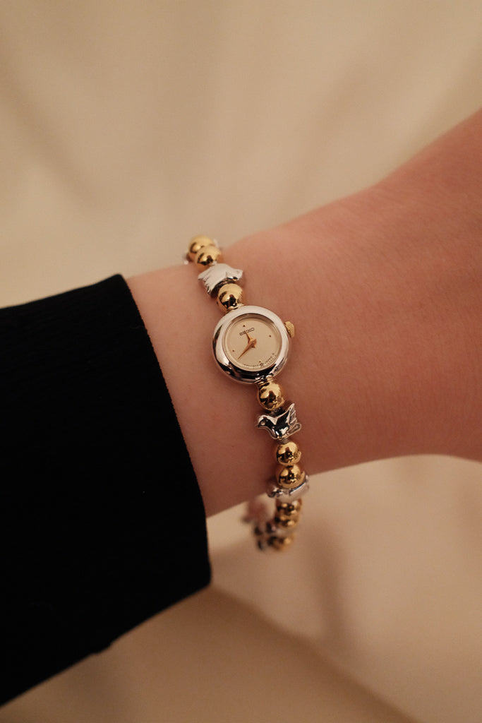 [Rare] Vintage Seiko Ladies Two-Tone Watch with Birds on Bracelet