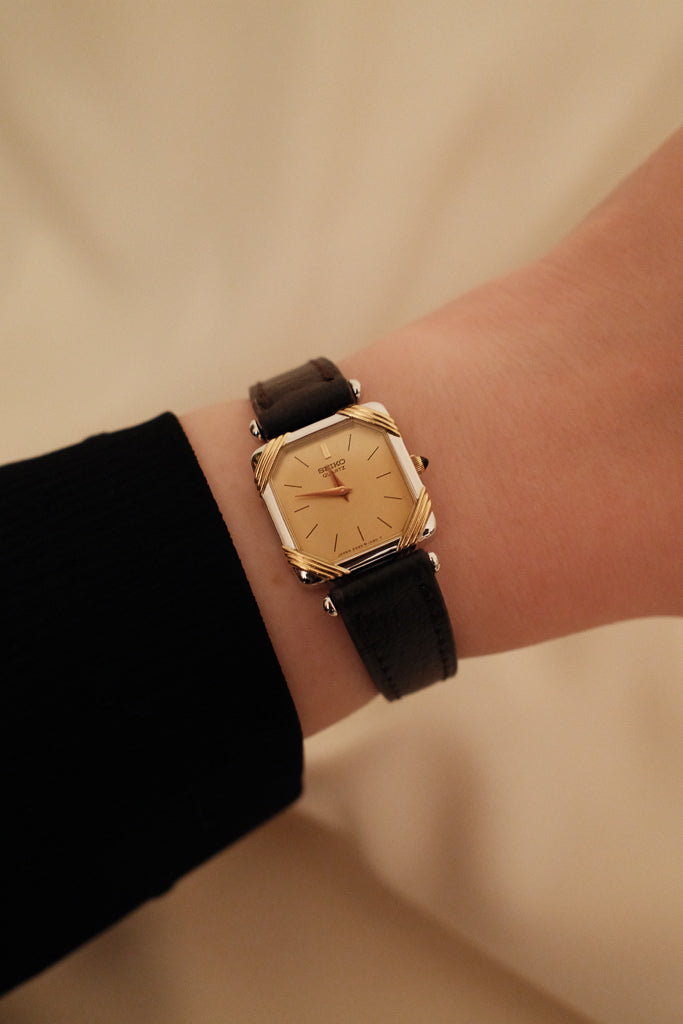 Vintage Seiko Ladies Silver Square Leather Watch with Gold Accents