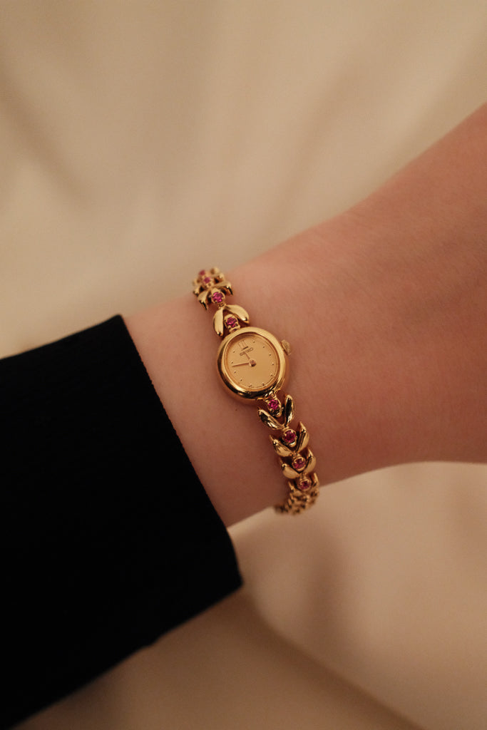 Vintage Seiko Ladies Petite Gold Bracelet Watch with Rubies