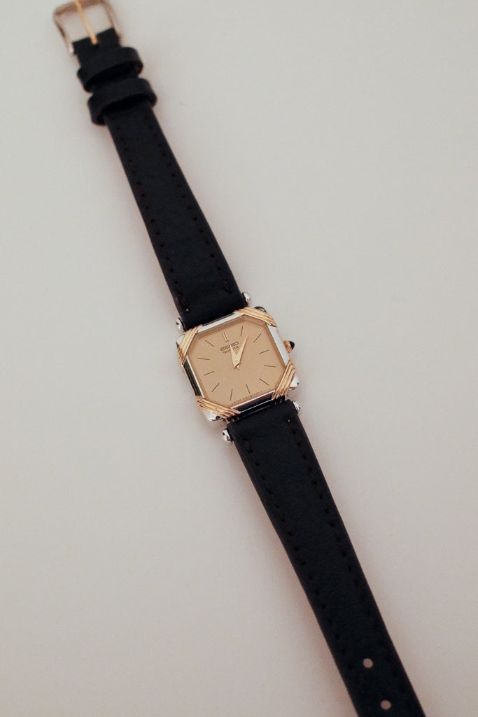 Vintage Seiko Ladies Silver Square Leather Watch with Gold Accents