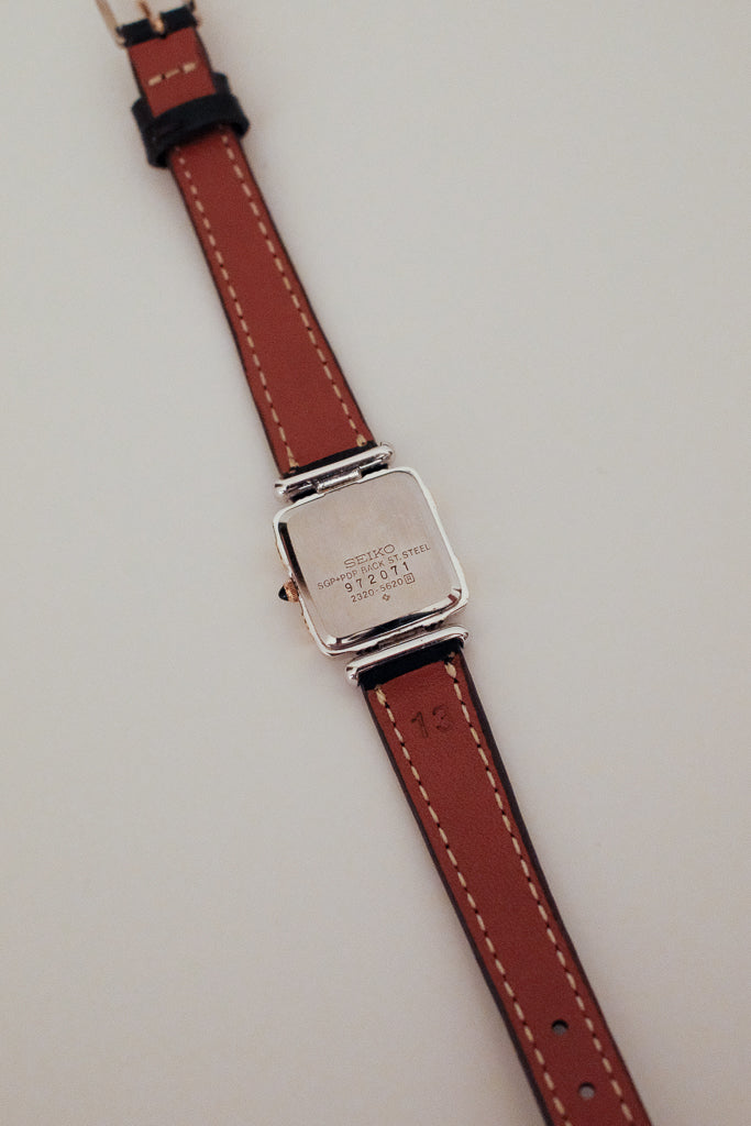 Vintage Seiko Ladies Silver Square Leather Watch with Gold Accents