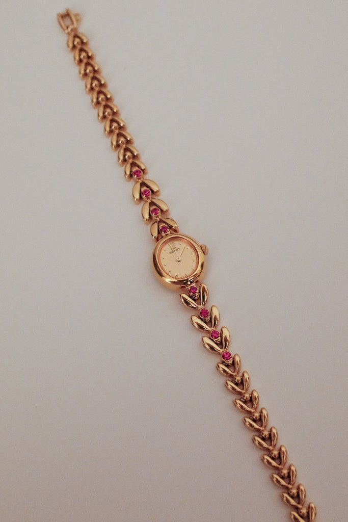 Vintage Seiko Ladies Petite Gold Bracelet Watch with Rubies