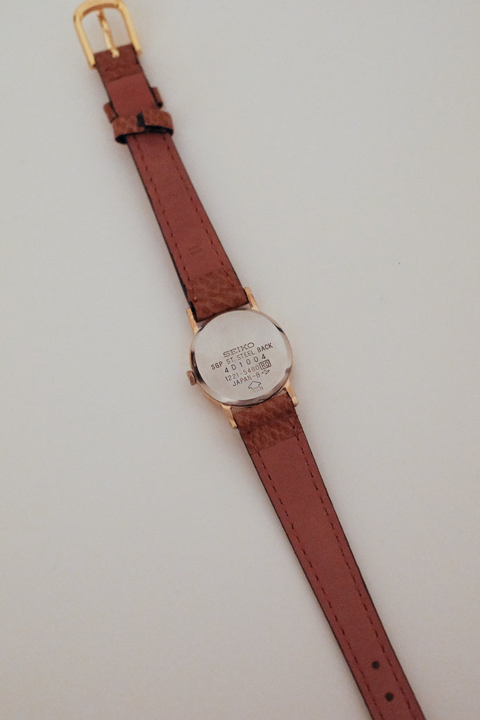 Vintage Seiko Ladies Leather Gold Watch with Braided Bezel