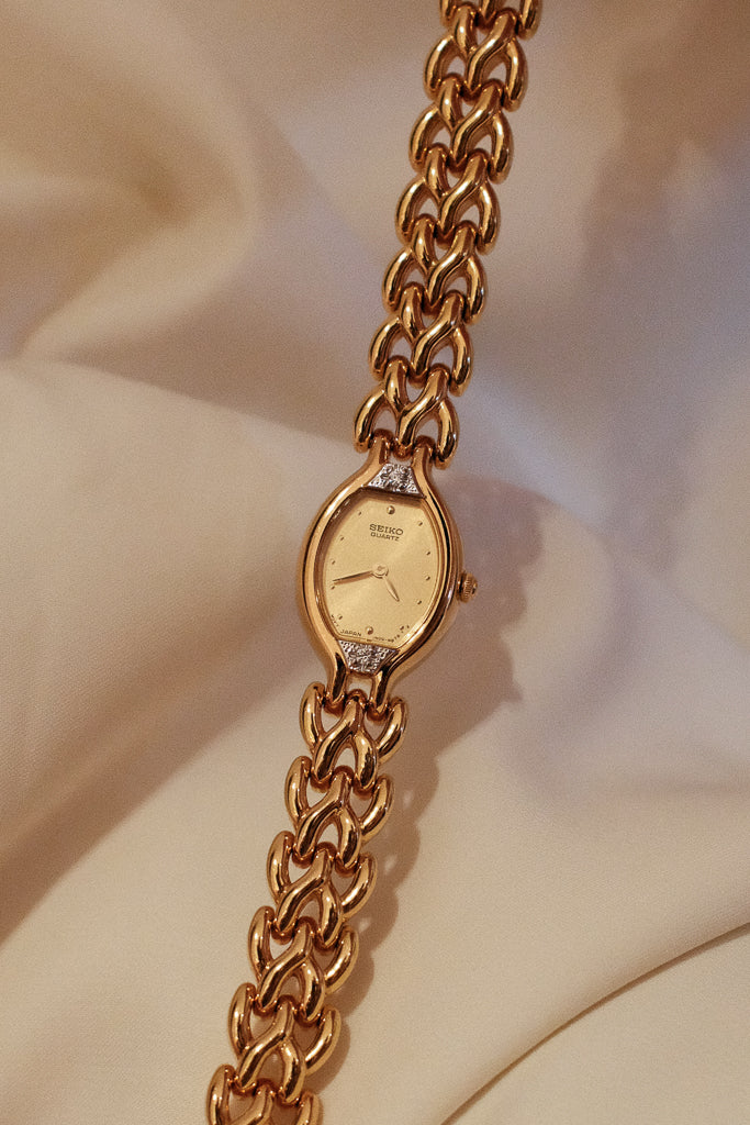 Vintage Seiko Ladies Gold Bracelet Watch with 2 Diamonds