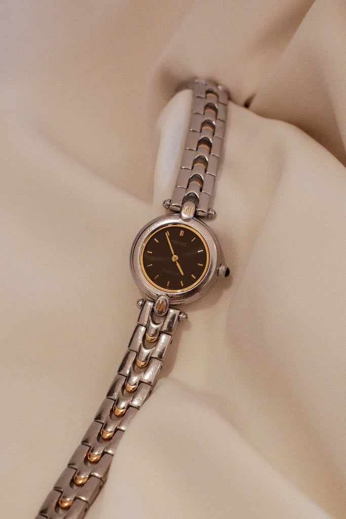 Vintage Seiko Exceline Ladies Two-Tone Watch with Black Dial and Gold Hands