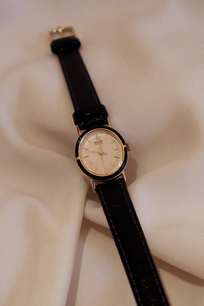 Vintage Seiko Ladies Gold Watch with Black Enamel/Lacquer Bezel on Leather Strap