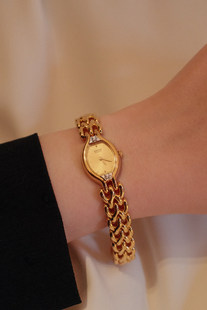 Vintage Seiko Ladies Gold Bracelet Watch with 2 Diamonds