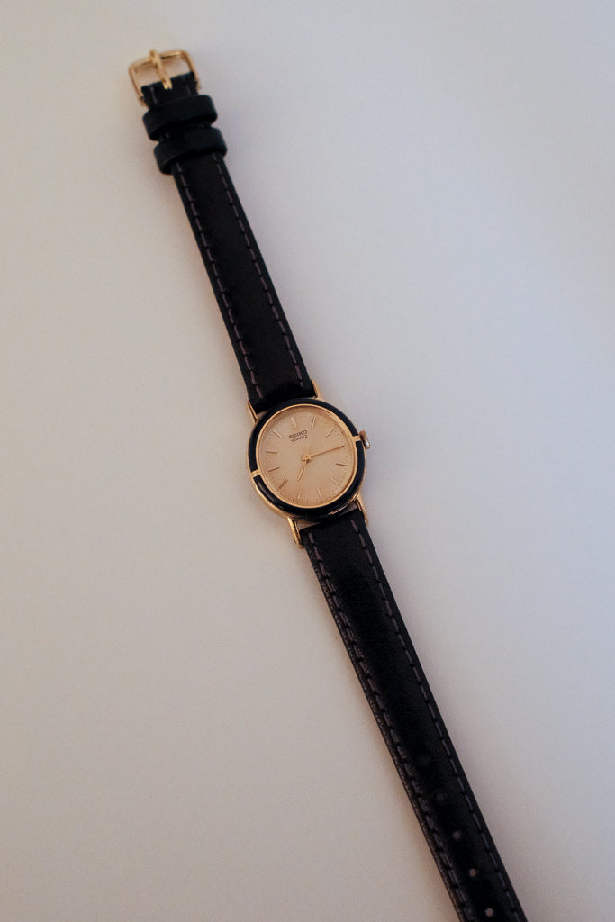 Vintage Seiko Ladies Gold Watch with Black Enamel/Lacquer Bezel on Leather Strap