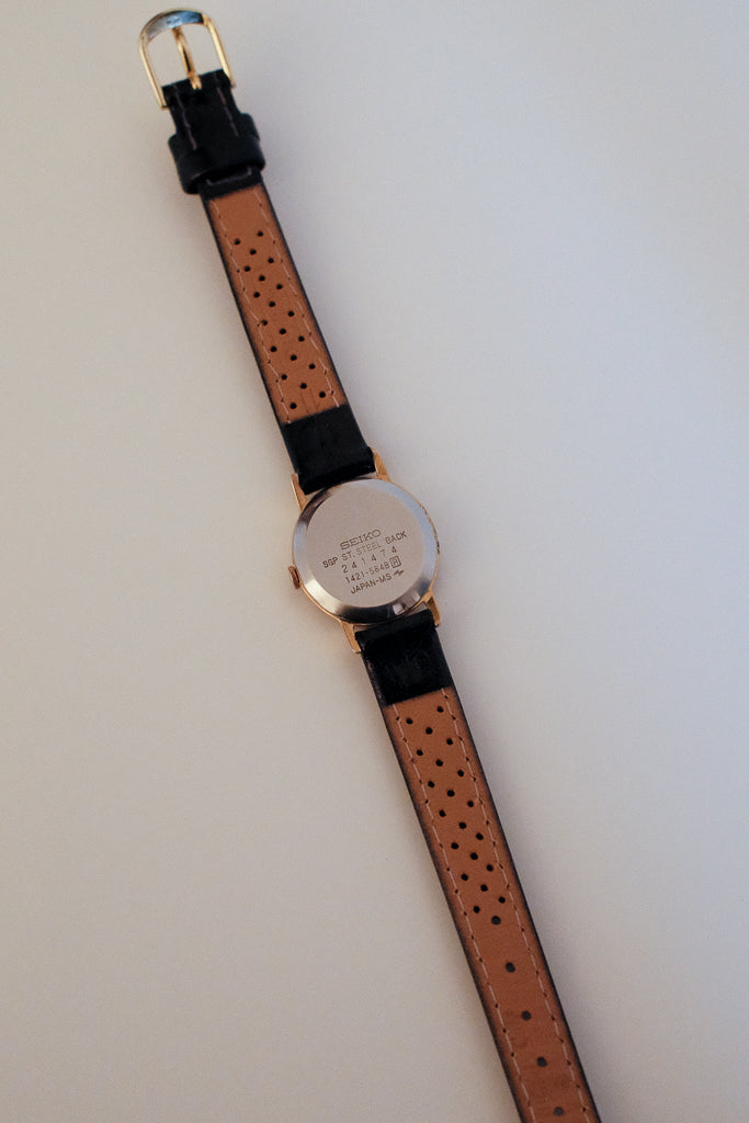 Vintage Seiko Ladies Gold Watch with Black Enamel/Lacquer Bezel on Leather Strap