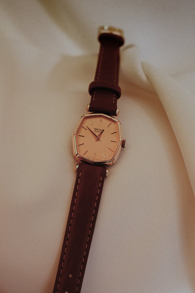 Vintage Seiko Ladies Octagon Gold Watch with Ivory Enamel Accent on Leather Strap
