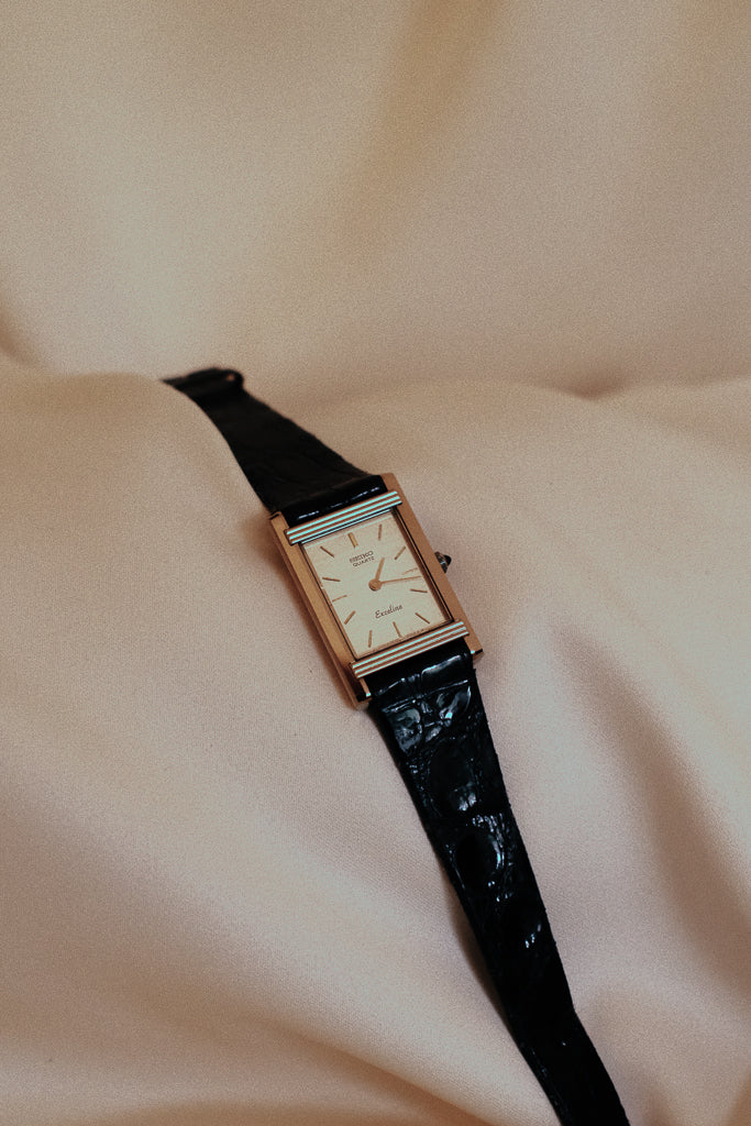 Vintage Seiko Exceline Ladies Champagne Toned Tank Watch on Leather Strap