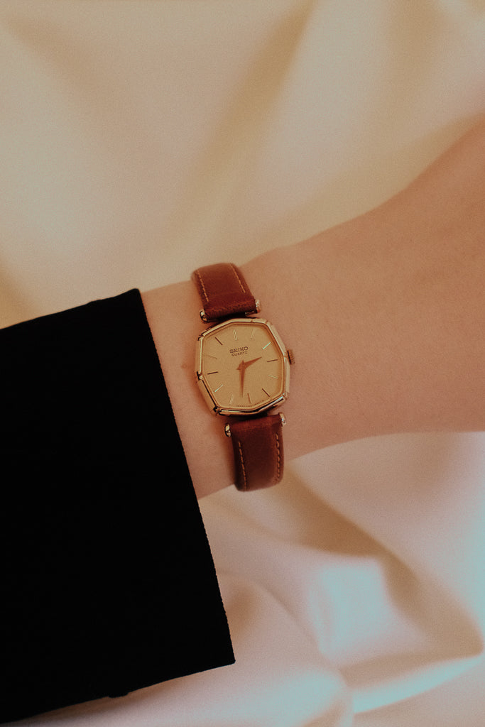 Vintage Seiko Ladies Octagon Gold Watch with Ivory Enamel Accent on Leather Strap