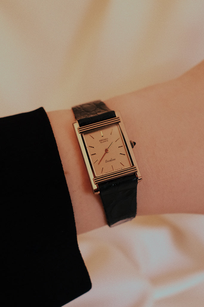 Vintage Seiko Exceline Ladies Champagne Toned Tank Watch on Leather Strap