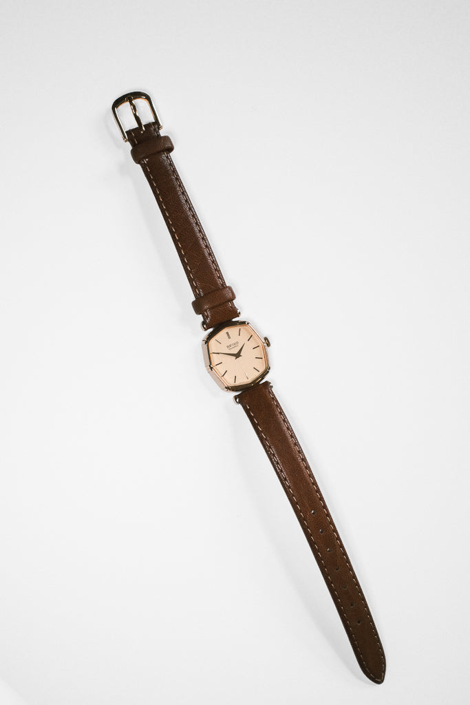 Vintage Seiko Ladies Octagon Gold Watch with Ivory Enamel Accent on Leather Strap