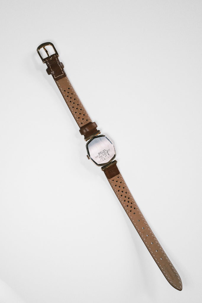 Vintage Seiko Ladies Octagon Gold Watch with Ivory Enamel Accent on Leather Strap