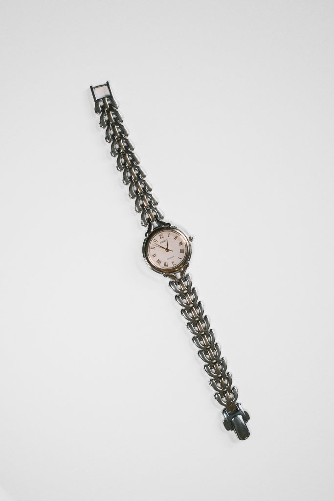 Vintage Seiko Exceline Ladies Silver Watch with Pearlescent Ivory Dial and Gold Accents