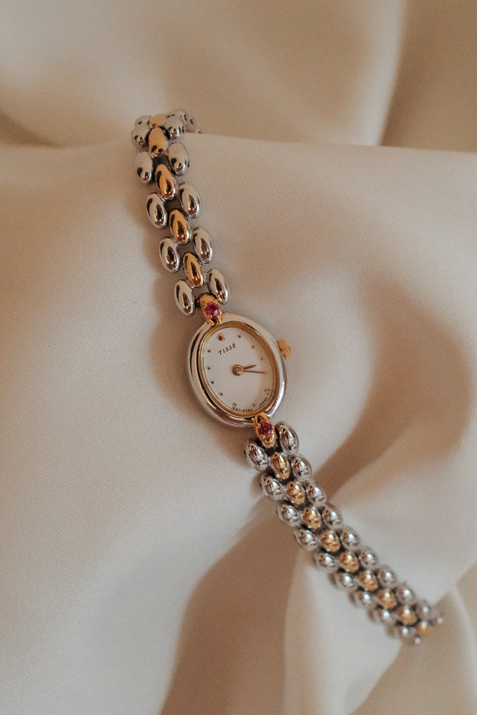 Vintage Seiko Tisse Ladies Two-Tone Watch with Red Gemstone