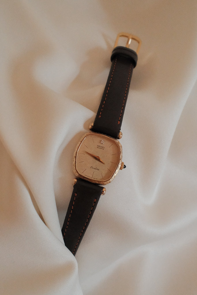 Vintage Seiko Exceline Ladies Gold Dress Watch with Brown Leather Strap