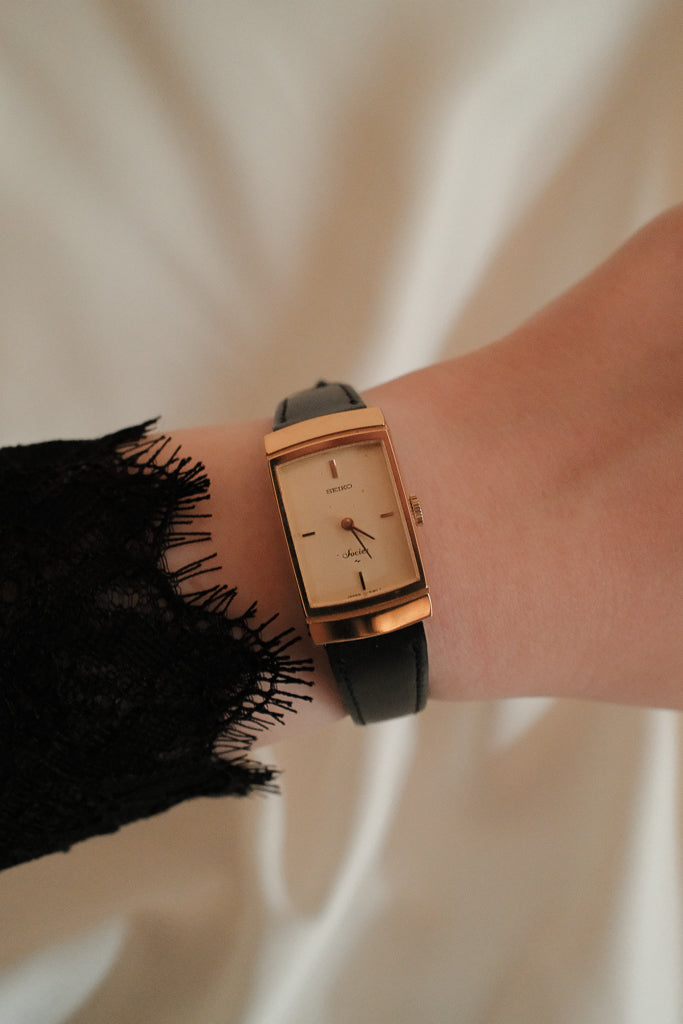 Vintage Seiko Socie Ladies Gold Tank Watch in Black Leather Strap
