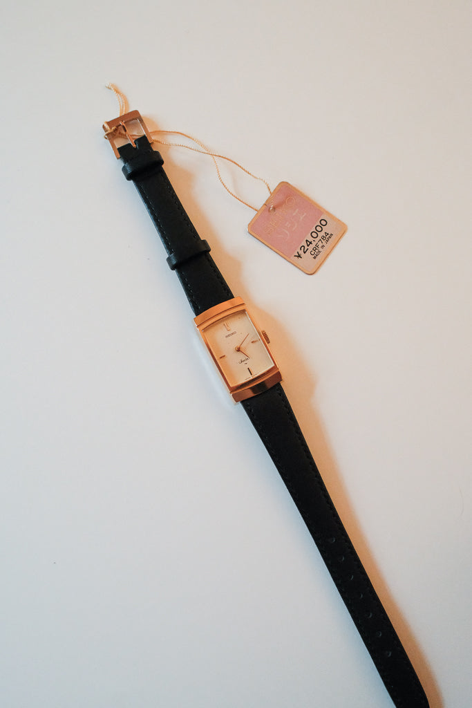 Vintage Seiko Socie Ladies Gold Tank Watch in Black Leather Strap