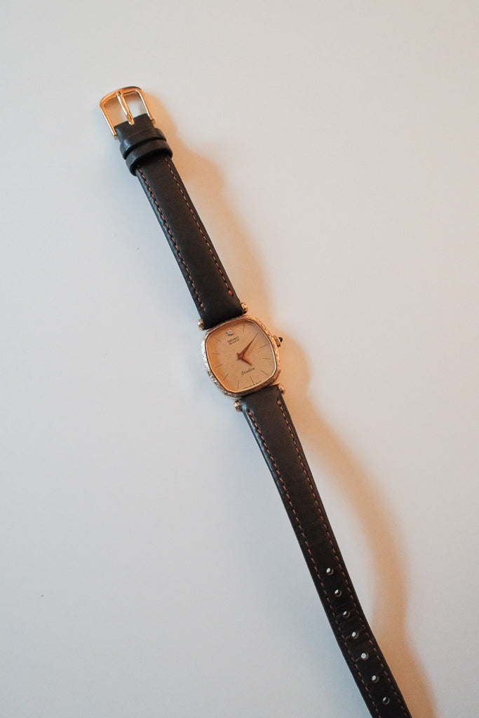Vintage Seiko Exceline Ladies Gold Dress Watch with Brown Leather Strap