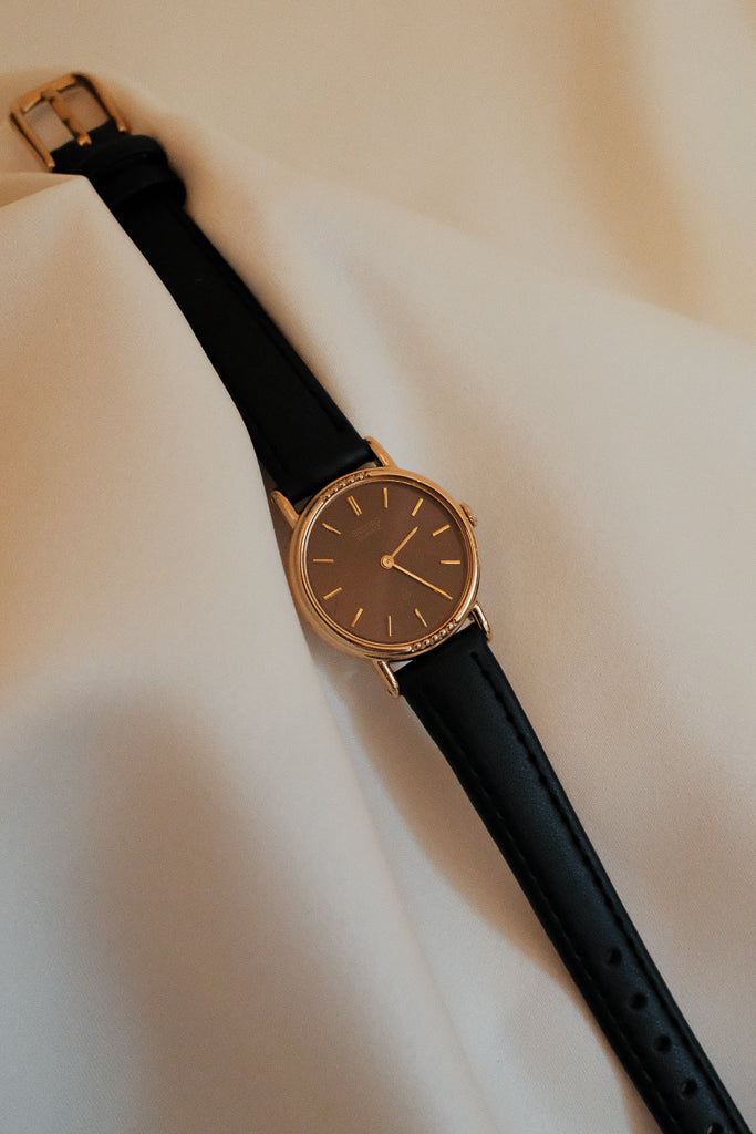Vintage Seiko Ladies Gold Watch with Chocolate Brown Dial on Leather Strap