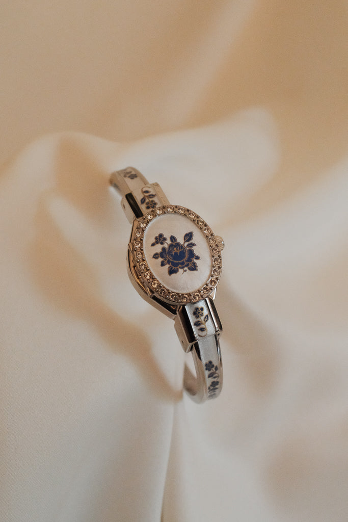 Andre Mouche Silver Floral Enamel Bangle Watch with Crystal Bezel
