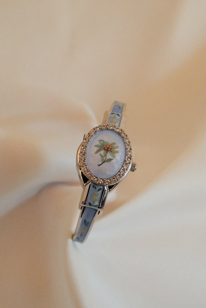 Andre Mouche Light Blue Floral Enamel Bangle Watch with Crystal Bezel