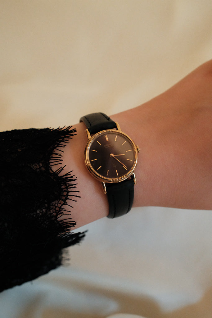 Vintage Seiko Ladies Gold Watch with Chocolate Brown Dial on Leather Strap