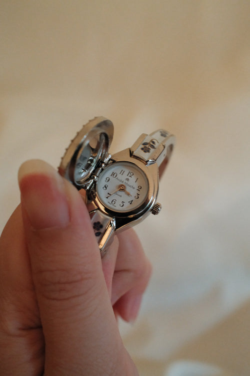 Andre Mouche Silver Floral Enamel Bangle Watch with Crystal Bezel
