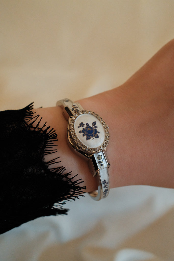 Andre Mouche Silver Floral Enamel Bangle Watch with Crystal Bezel