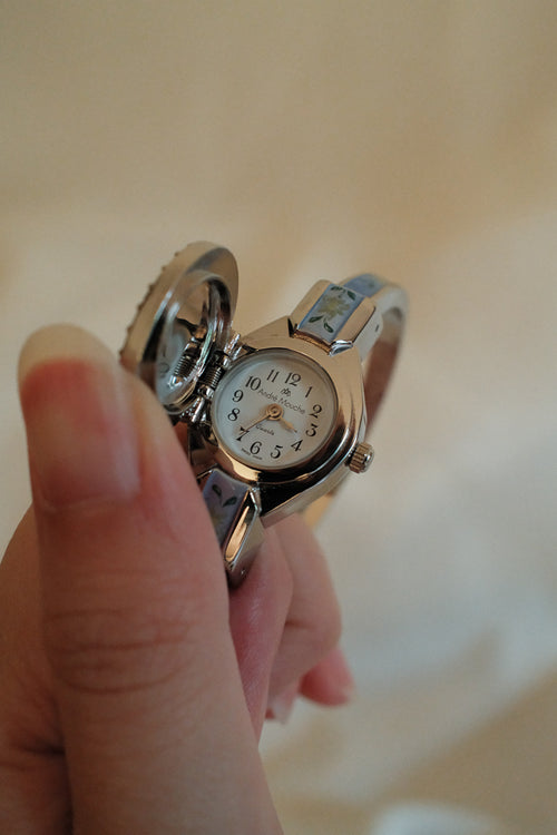 Andre Mouche Light Blue Floral Enamel Bangle Watch with Crystal Bezel