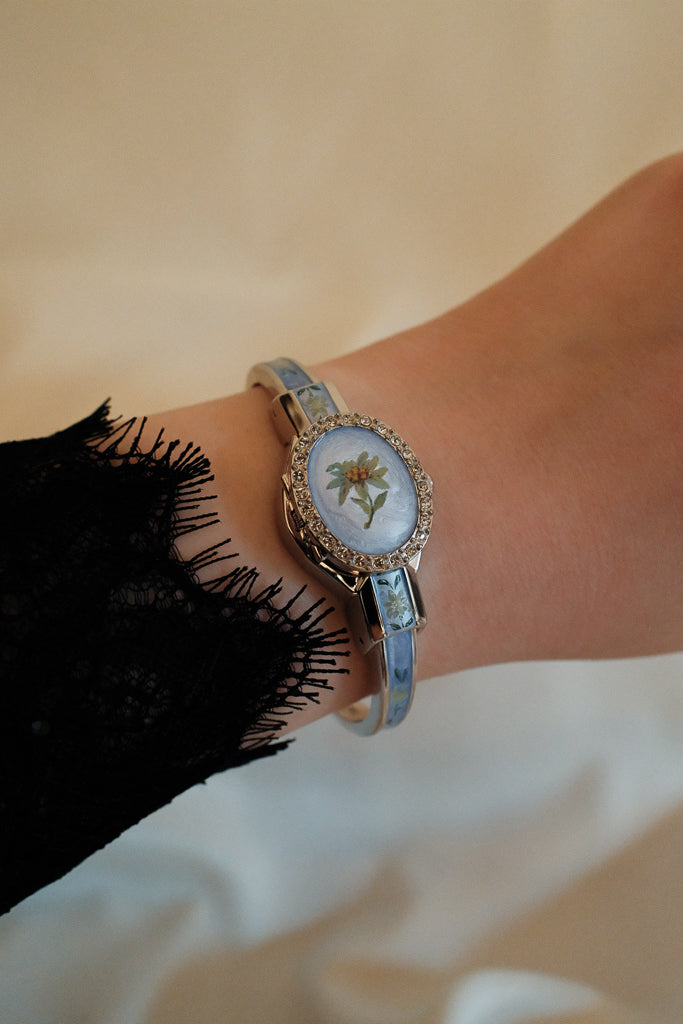 Andre Mouche Light Blue Floral Enamel Bangle Watch with Crystal Bezel