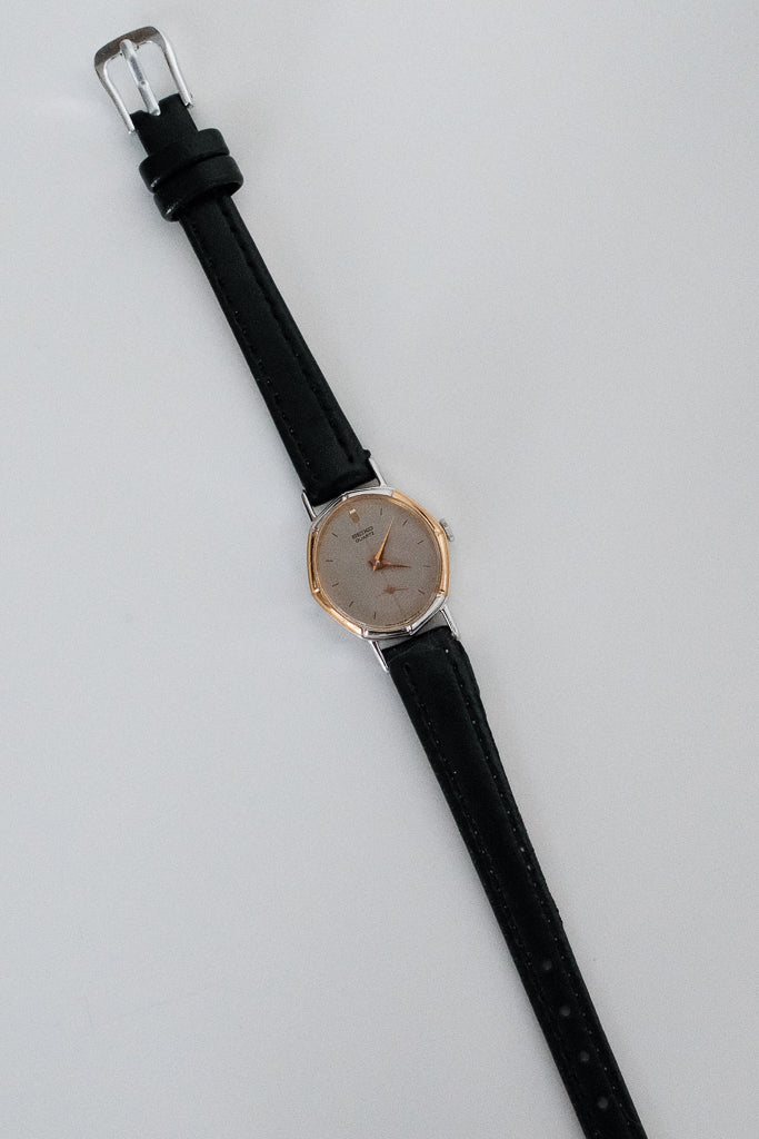 Vintage Seiko Ladies Octagon Two-Tone Grey Dial Leather Watch