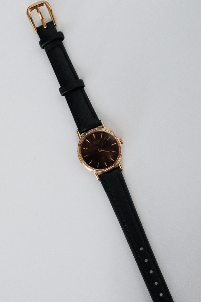Vintage Seiko Ladies Gold Watch with Chocolate Brown Dial on Leather Strap