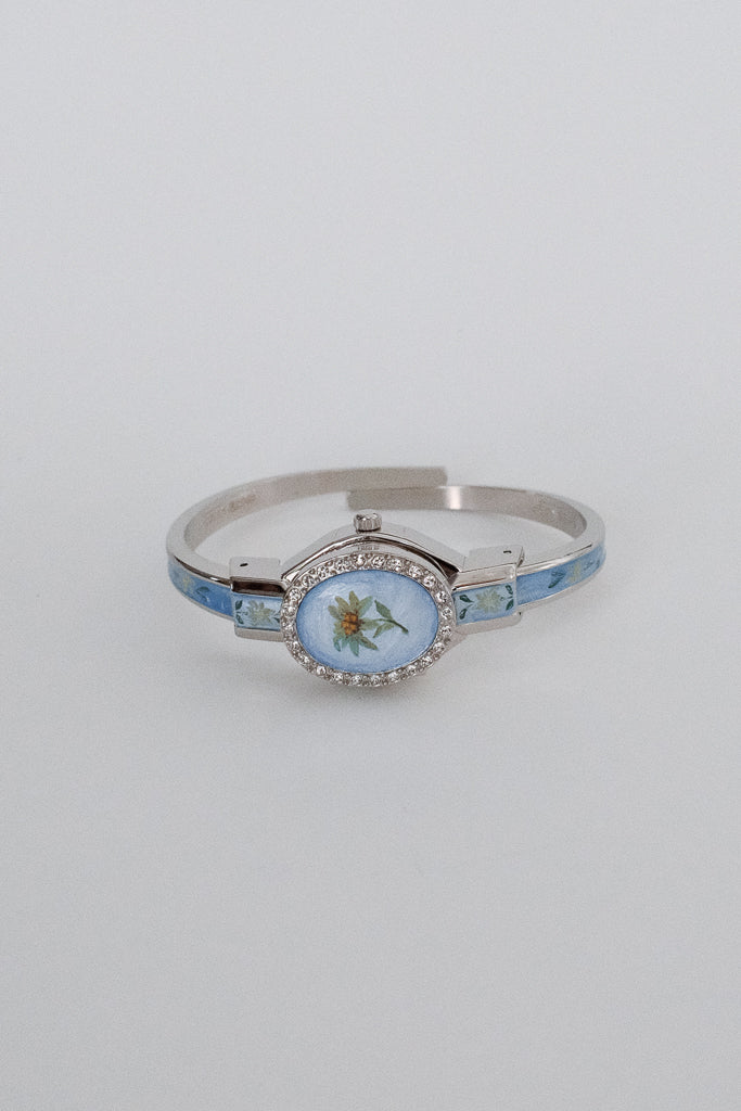 Andre Mouche Light Blue Floral Enamel Bangle Watch with Crystal Bezel