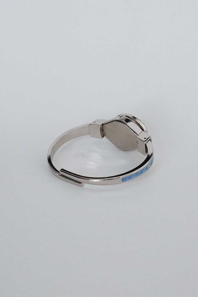 Andre Mouche Light Blue Floral Enamel Bangle Watch with Crystal Bezel