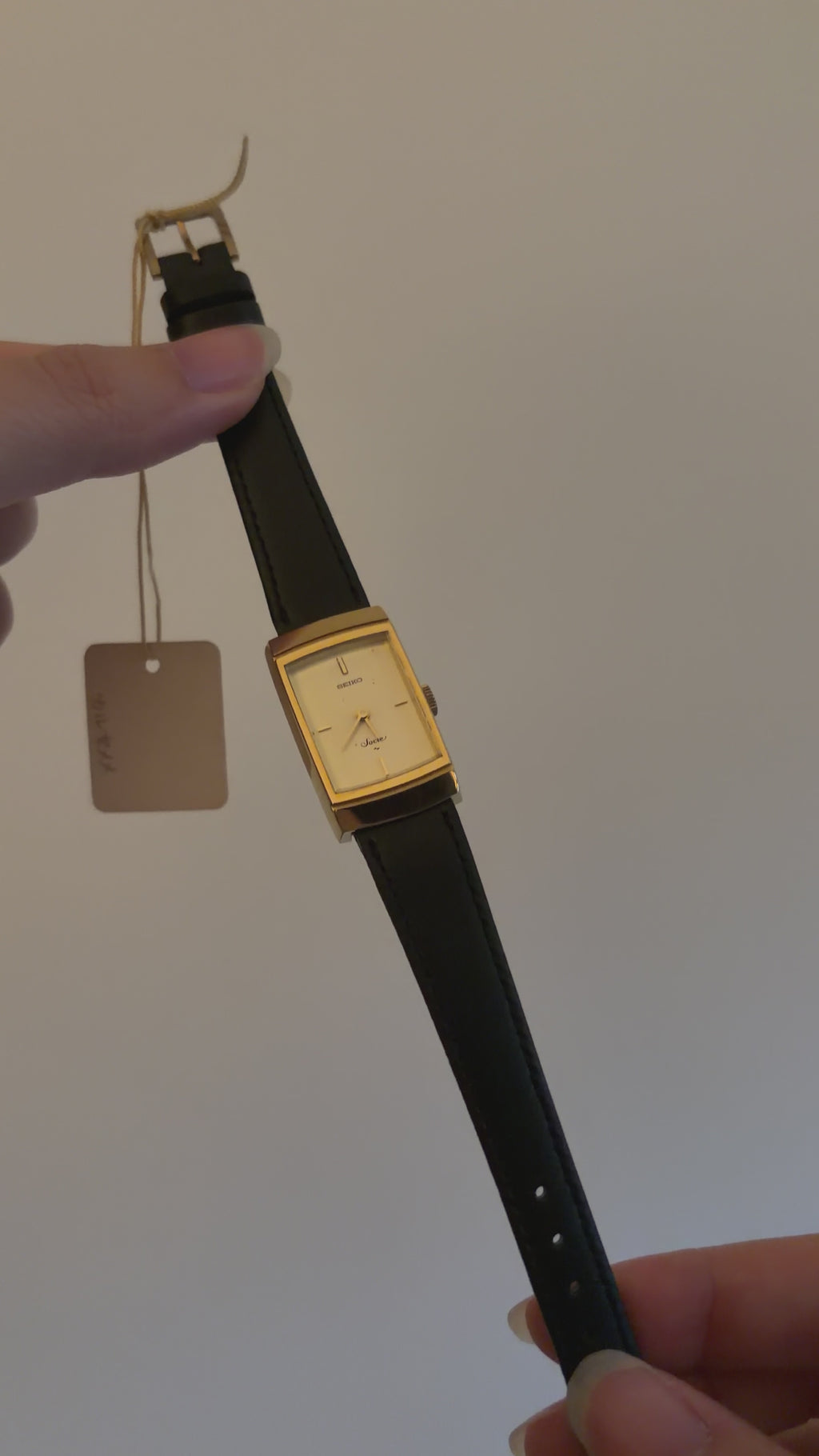 Vintage Seiko Socie Ladies Gold Tank Watch in Black Leather Strap
