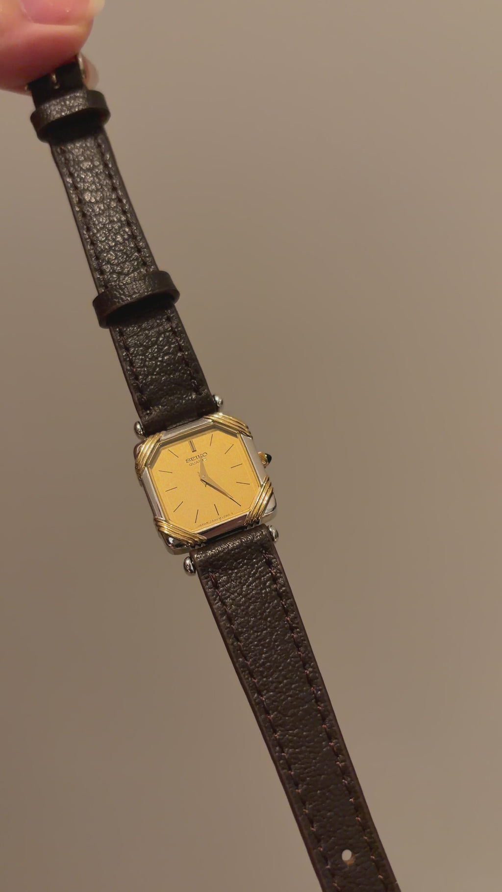 Vintage Seiko Ladies Silver Square Leather Watch with Gold Accents