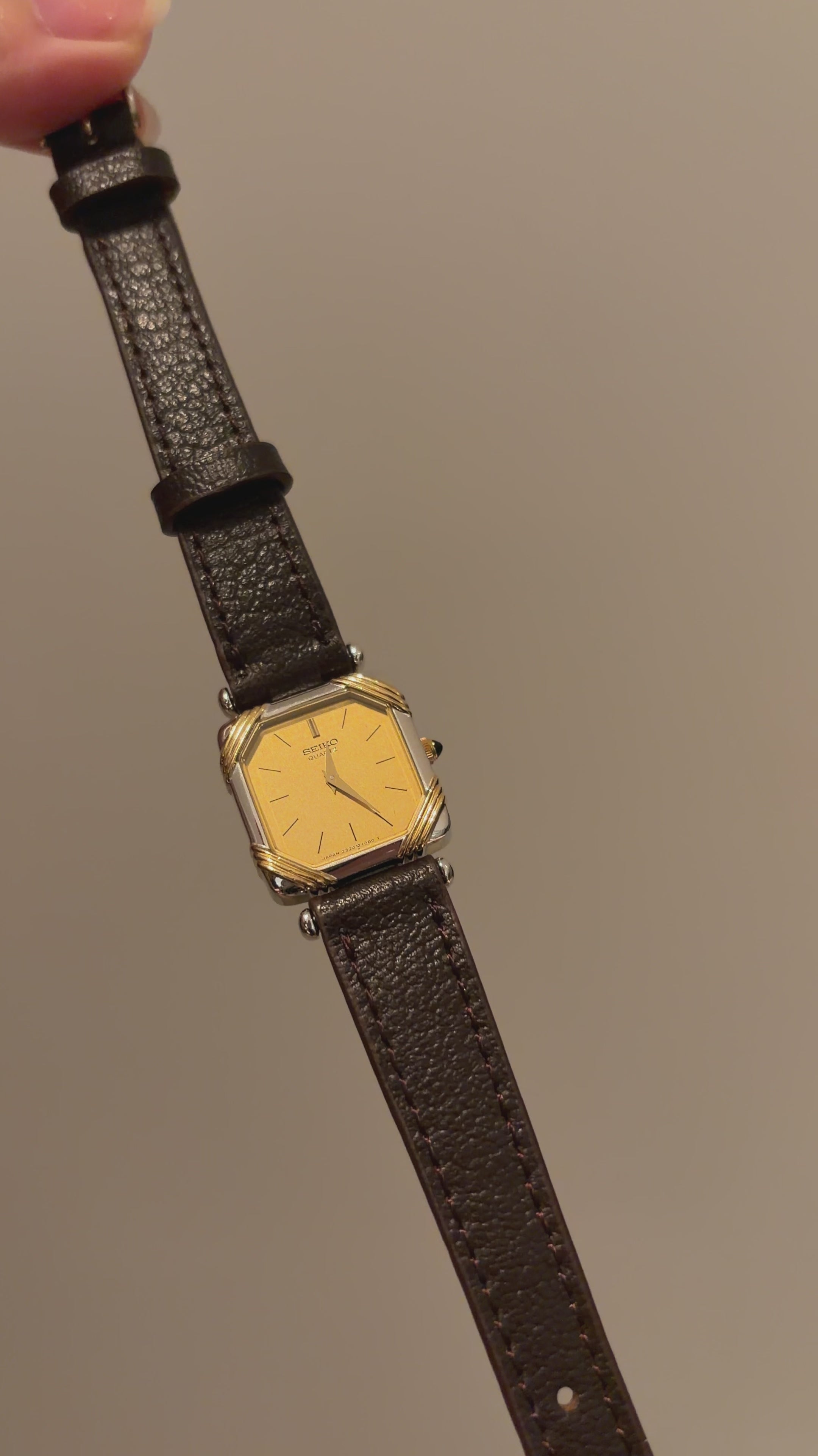 Vintage Seiko Ladies Silver Square Leather Watch with Gold Accents