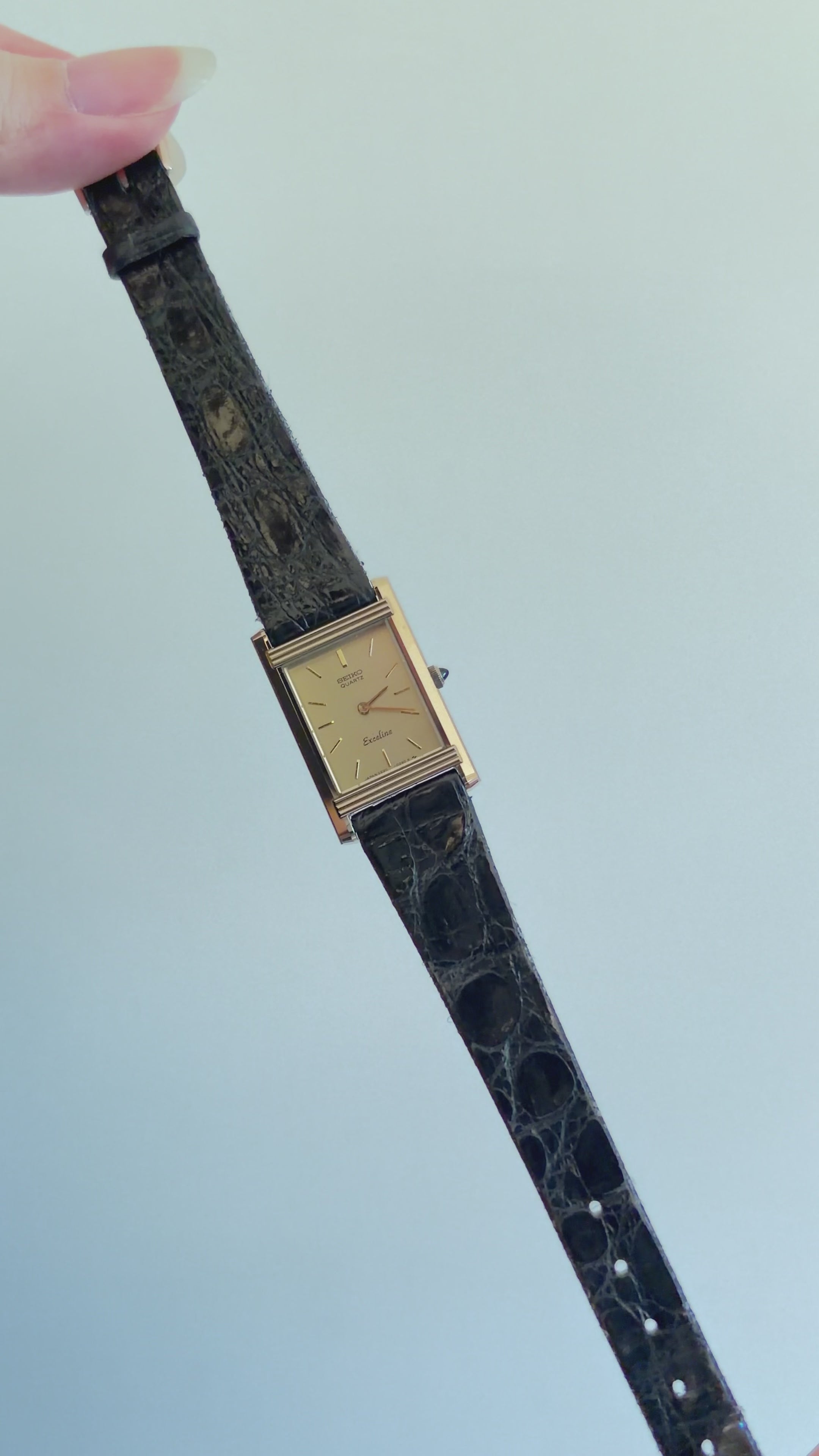 Vintage Seiko Exceline Ladies Champagne Toned Tank Watch on Leather Strap