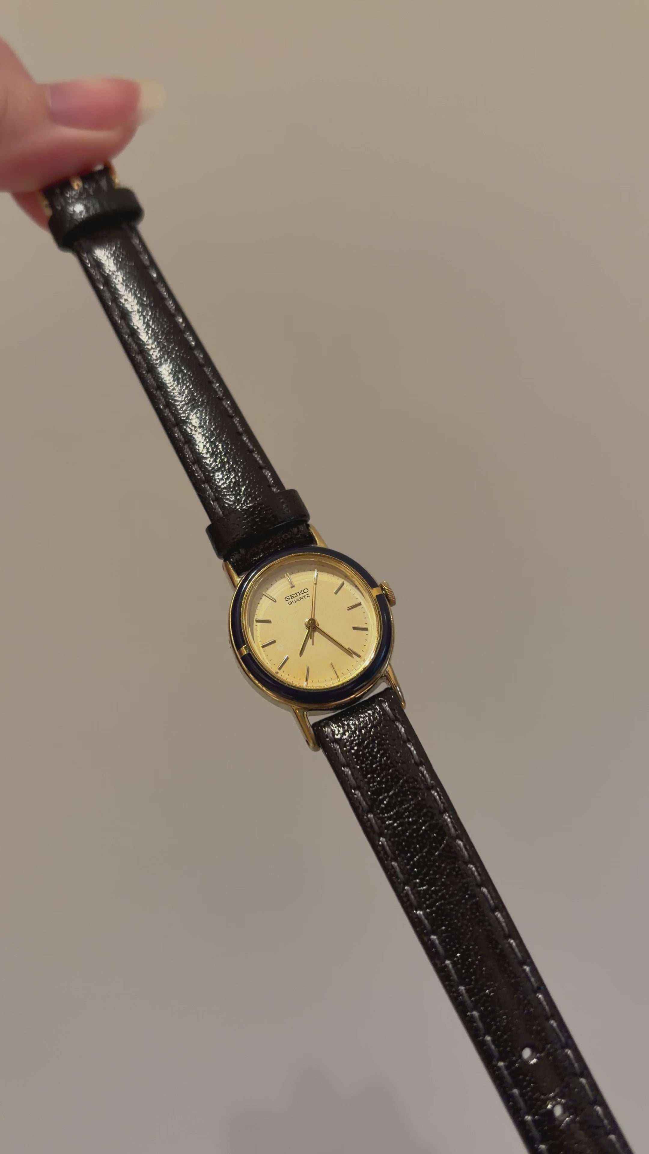 Vintage Seiko Ladies Gold Watch with Black Enamel/Lacquer Bezel on Leather Strap