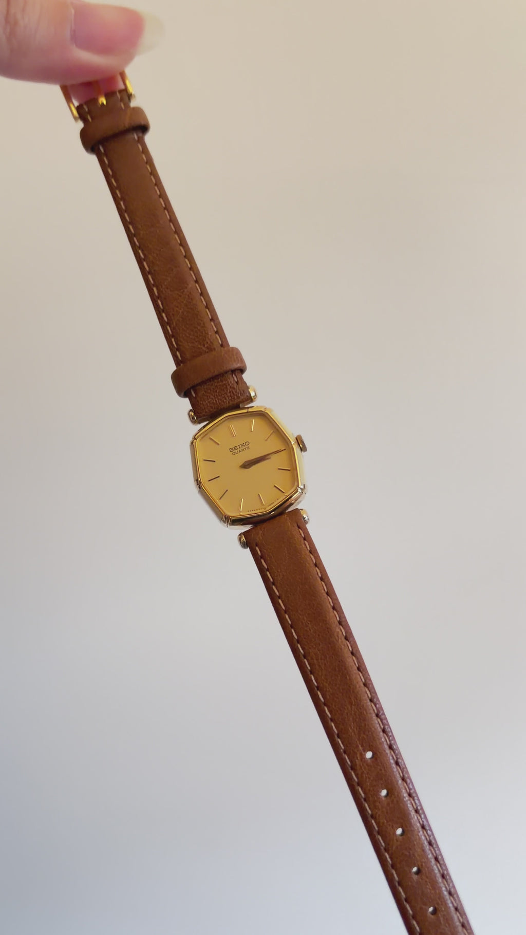 Vintage Seiko Ladies Octagon Gold Watch with Ivory Enamel Accent on Leather Strap