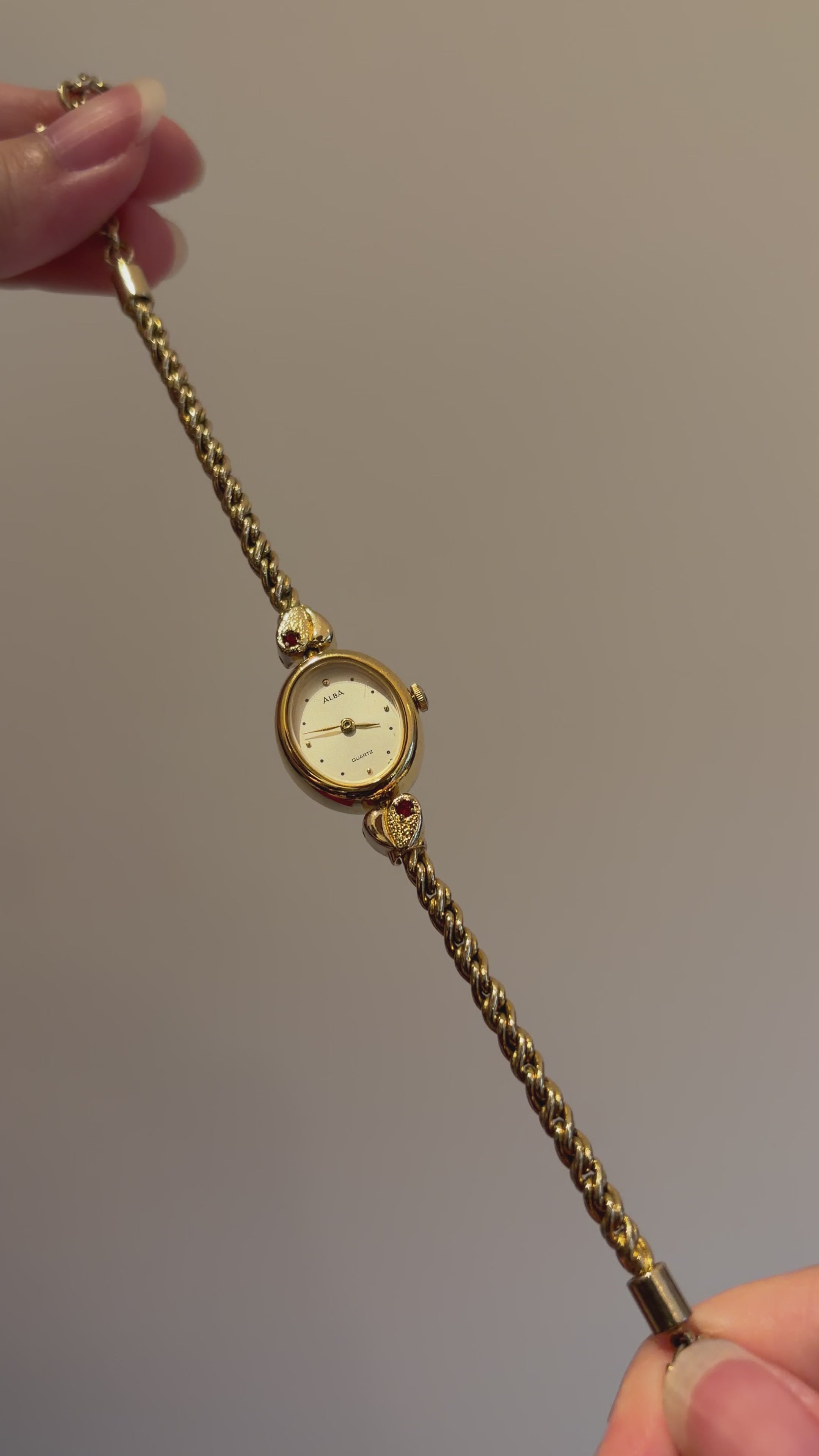 Vintage Alba Ladies Gold Heart Bracelet Watch with Red Gemstones